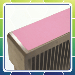 Thermal Interface Materials mounted to a heatsink, thermal pad made from Keratherm pink 86/50  Thermal Interface Materials mounted to a heatsink, thermal pad made from Keratherm Pink, 86/50 3.5 W/mK or 86/60 4.5 W/mK having high thermal conductivity and is highly compressible