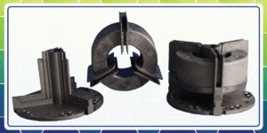 Two parts of a three phase nanocrystalline common mode core. and complete assembly shown